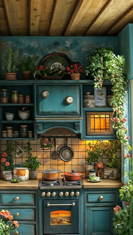 cozy kitchen filled with plants and warm colors in a rustic setting