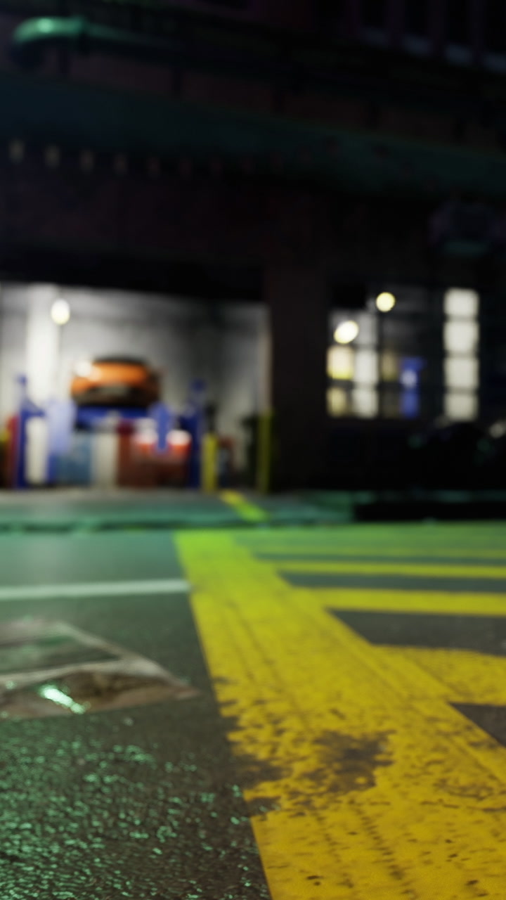 Vibrant city streets glow under neon lights at night with painted crosswalks