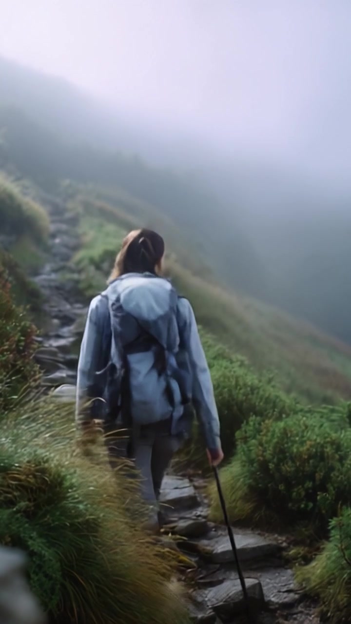 Adventure Awaits: A Hiker Ascends a Misty Mountain Path, Embracing Nature's Serenity and Exploring the Beauty of the Foggy Landscape