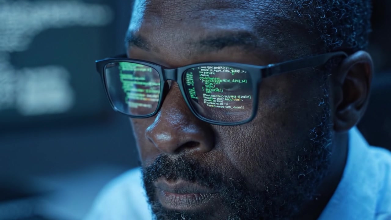 Dedicated Professional Analyzing Complex Data on Dual Monitors in a Low-Light Environment, Showcasing Focus and Expertise in Information Processing