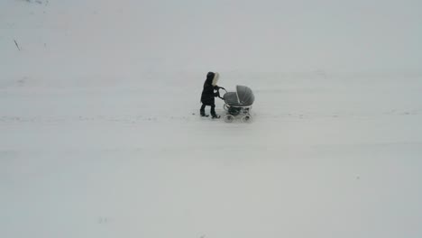 female push baby carriage on snowy countryside road during snowfall