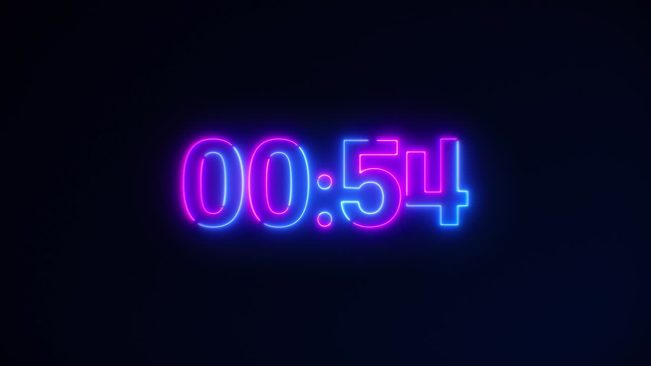 luz de neón púrpura y azul cuenta atrás de 60 segundos en fondo negro. luz dinámica en ejecución. temporizador de 60 a 0 segundos. cuenta atrás de 1 minuto. 30 o 10 segundos.