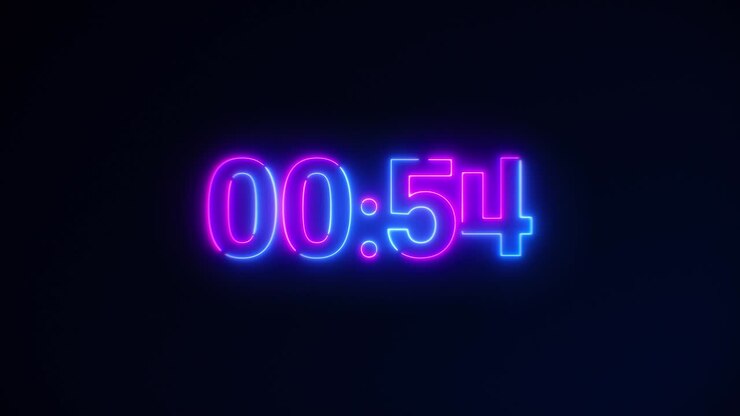 Purple and blue Neon Light 60 Seconds Countdown on black background. Running dynamic light. Timer from 60 to 0 seconds. 1 minute countdown. 30 or 10 seconds.