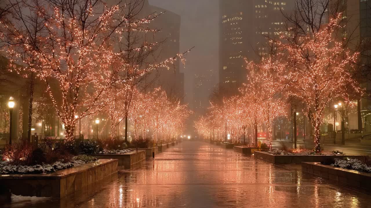 A Serene Night in the City: Glowing Christmas Lights Illuminate a Foggy Urban Pathway, Creating an Enchanting Atmosphere for Strolling and Reflection
