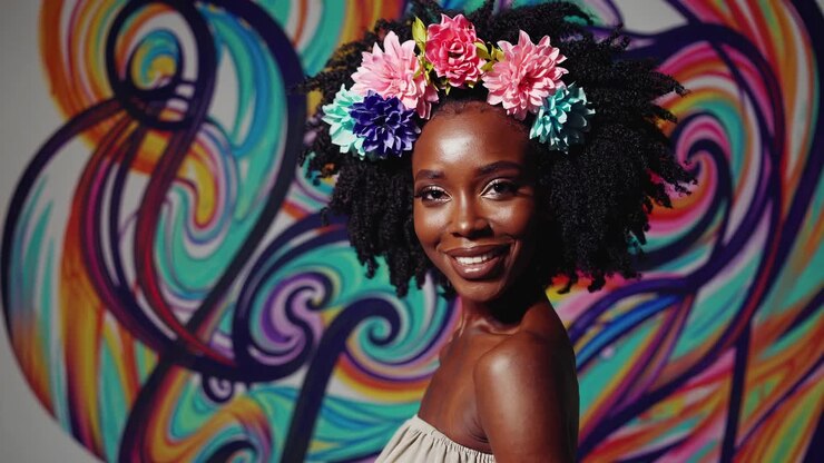 Vibrant portrait video with a frontal angle, showcasing a smiling woman wearing a floral crown