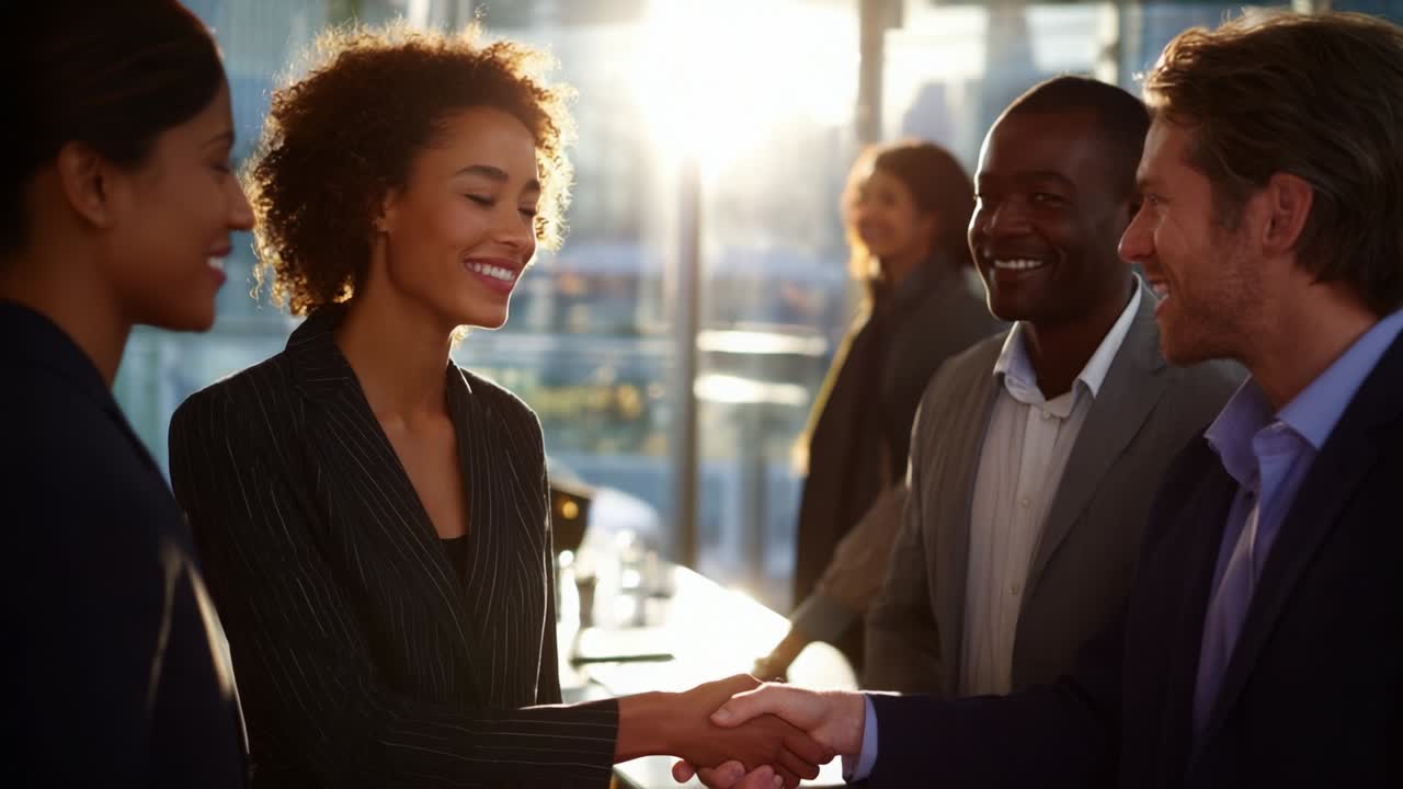 Professional Networking and Collaboration: Two Frames Capturing a Dynamic Business Interaction with Smiles, Handshakes, and Positive Energy Amidst an Inspiring Office Environment