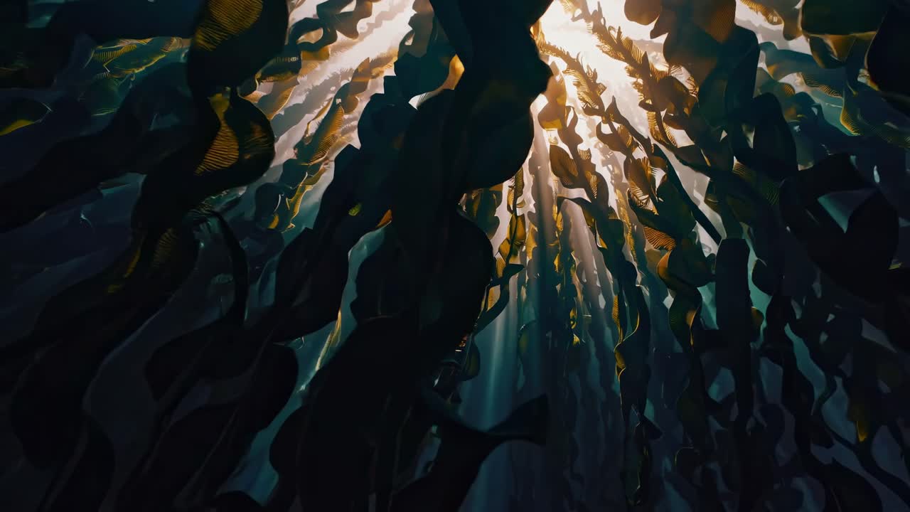 Underwater video scene with a low-angle view of sunlight filtering through swaying kelp