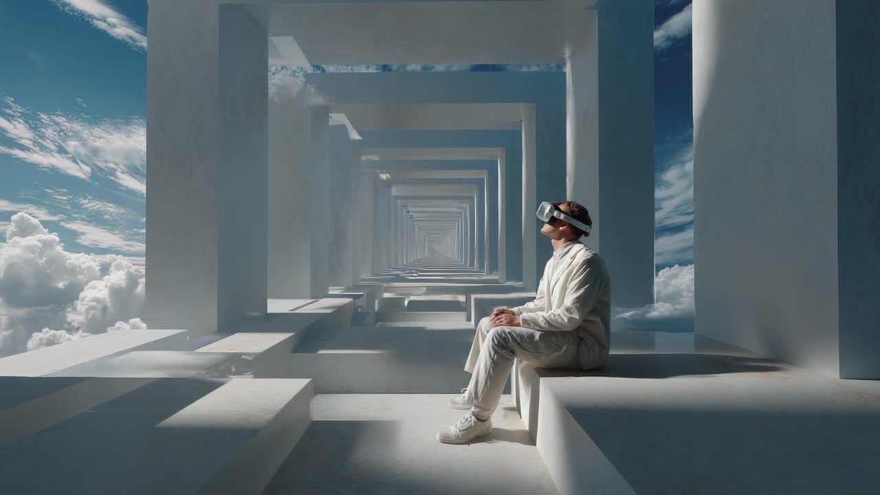 A solitary individual immersed in a virtual reality experience, seated in a surreal architectural space that stretches infinitely into the clouds, showcasing a blend of modern technology and dreamlike landscapes