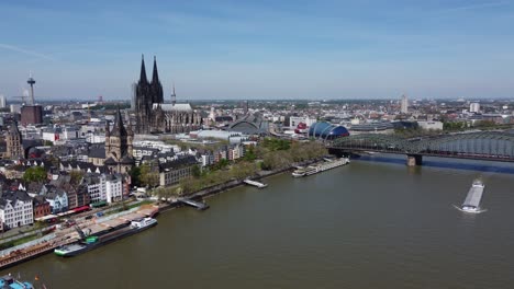 aerial establishing view of cologne germany midday, over river canal