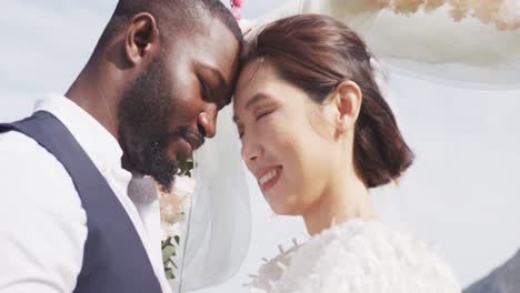Video-of-happy-diverse-bride-and-groom-smiling-and-touching-heads-together-at-outdoor-wedding