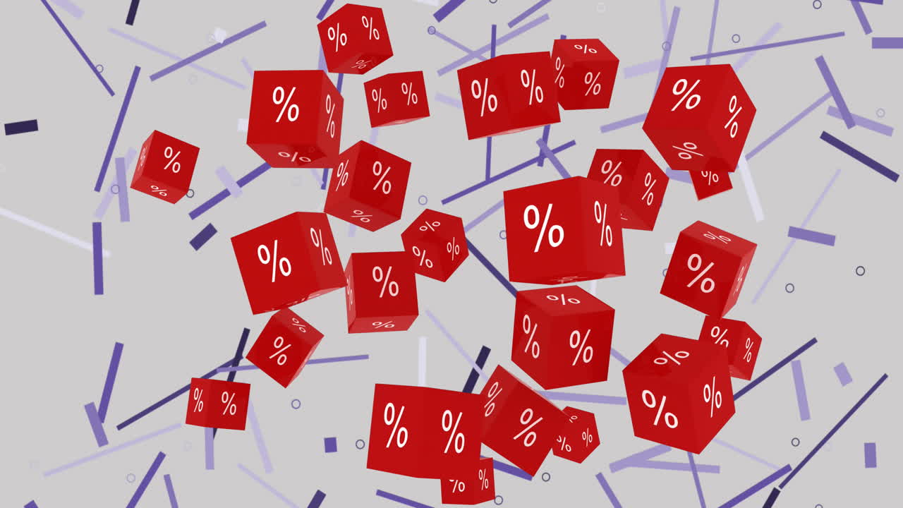 animación de símbolos de ventas porcentuales en cubos rojos flotando sobre rayas púrpuras en el fondo