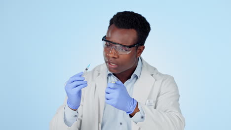 science, man and syringe in studio for vaccine