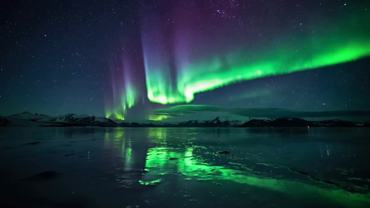 Un'aurora boreale scintillante che forma tende verdi e viola sopra una cresta artica, riflettendosi sul ghiaccio.