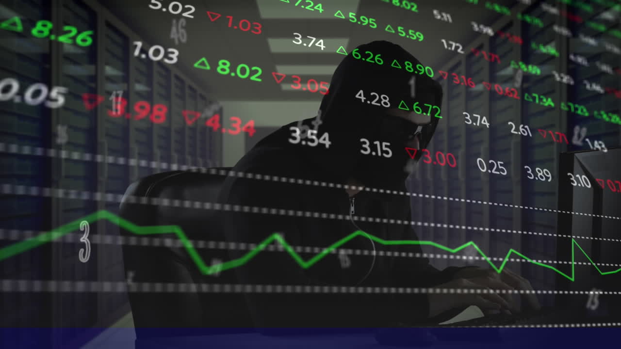 animación de un hacker usando una computadora portátil con procesamiento de datos financieros