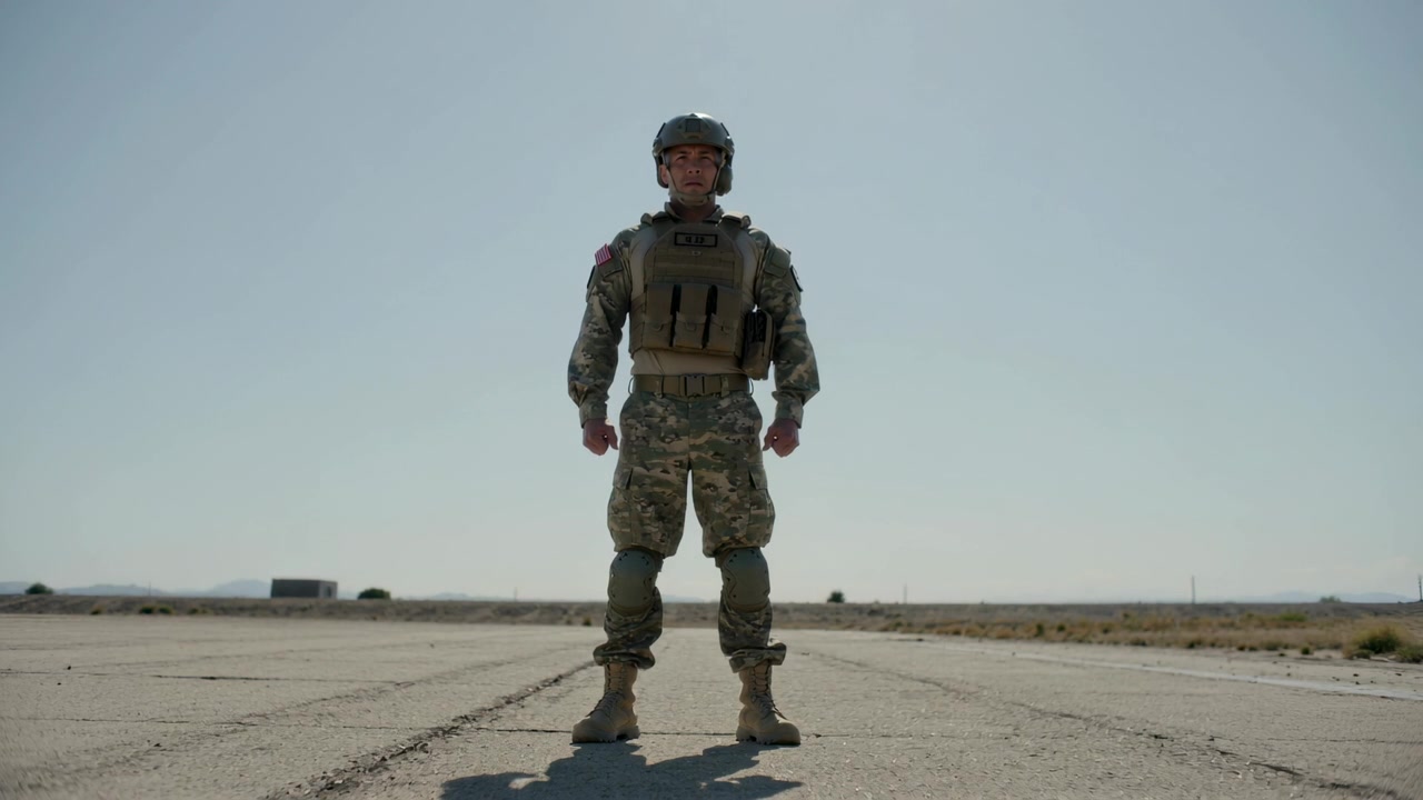 Riprese di un soldato in posizione di attenti sull'asfalto per un'esercitazione, che indossa uniforme mimetica e elmetto.