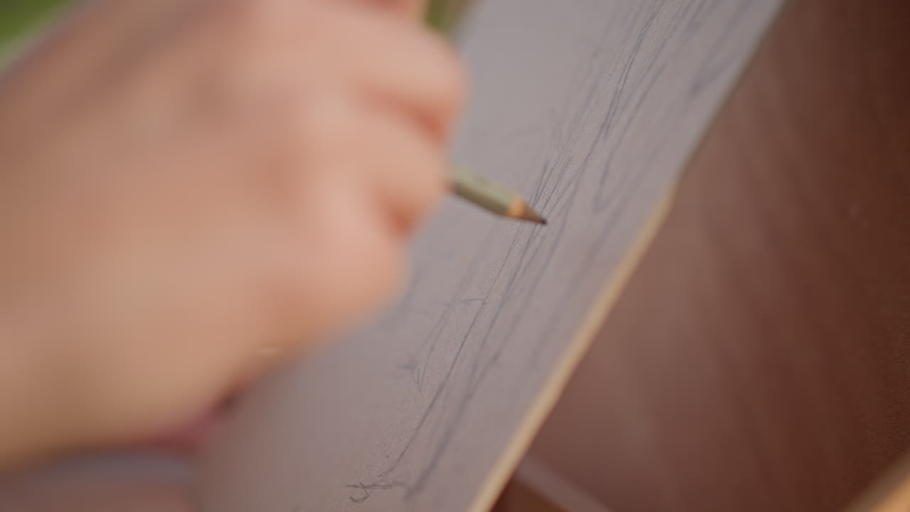 primo piano di una mano che disegna su carta, studio di street art all'aperto, illustratore che mappa le linee della città con una matita di grafite, movimento delicato del polso, sfondo bokeh sfocato, processo creativo intimo