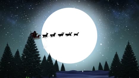 Animation-Der-Schwarzen-Silhouette-Des-Weihnachtsmanns-Im-Schlitten,-Der-Von-Rentieren-Gezogen-Wird