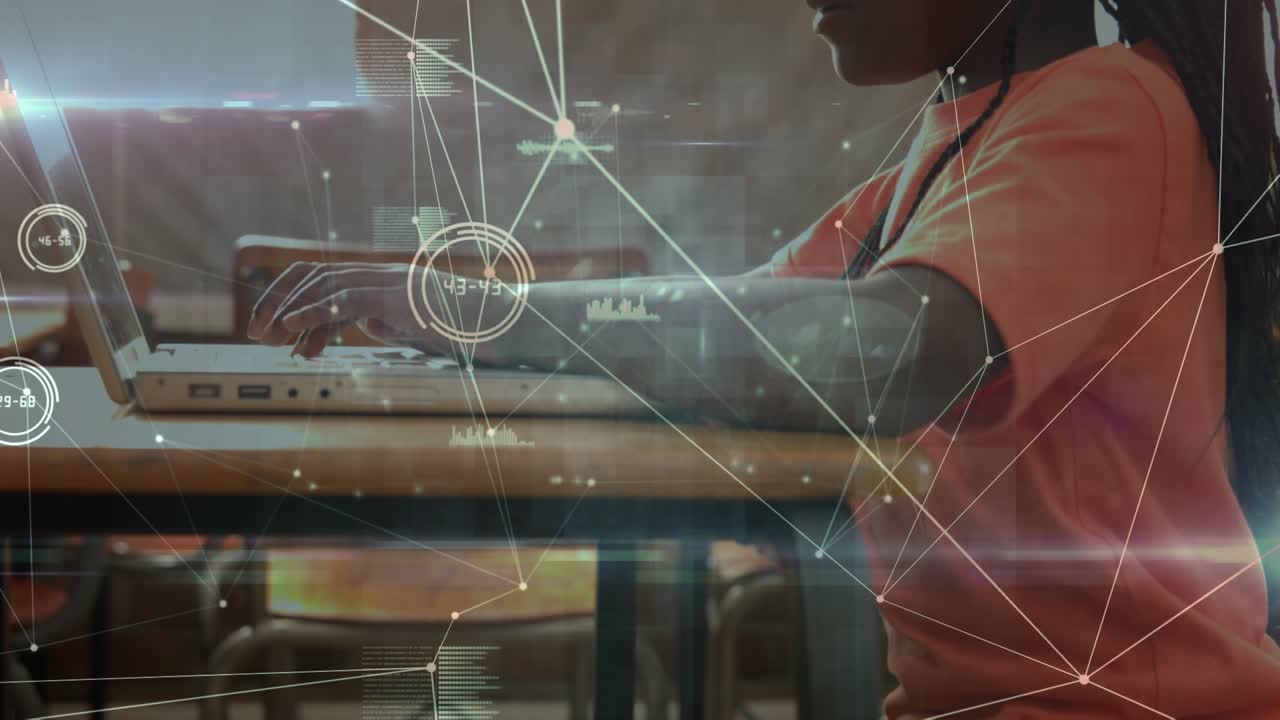 Animation of network of connections over african american schoolboy using laptop