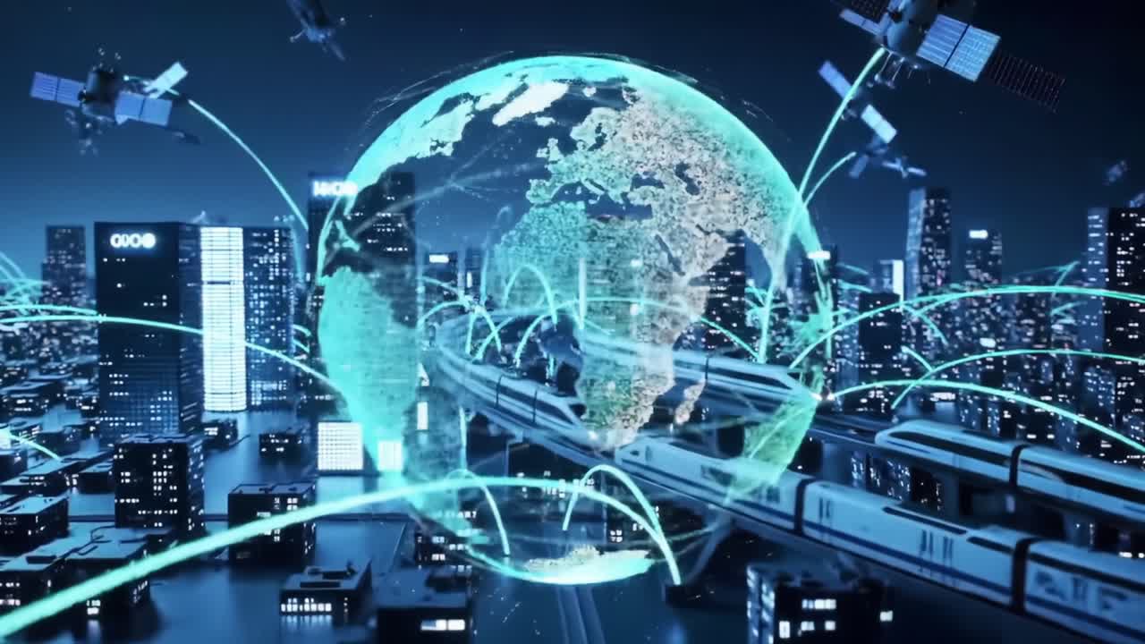 Illuminating the Future: A Futuristic Cityscape Showcasing Global Connectivity Through Advanced Technology and Satellite Communication in a Vibrant World