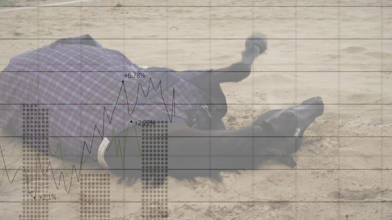 Financial data graph animation over person lying on sandy ground