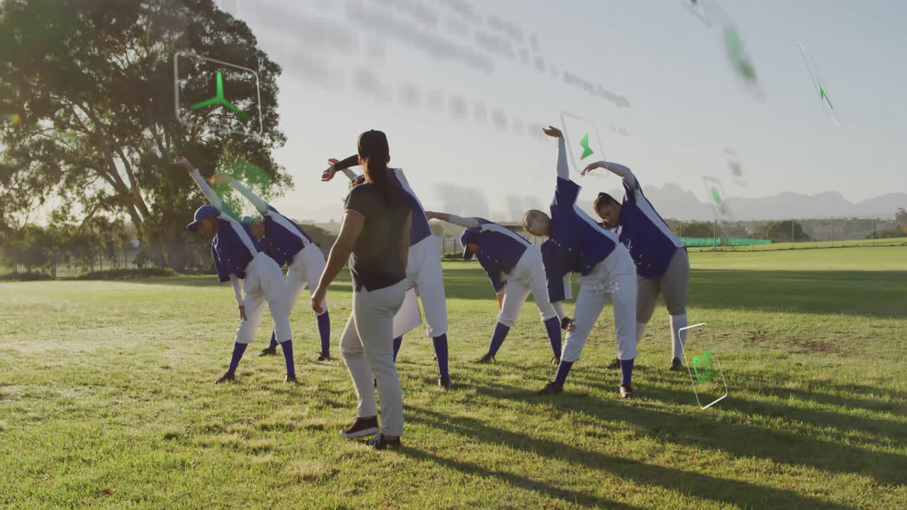 Softball team performing side stretches during sports training, displaying animated stats graph