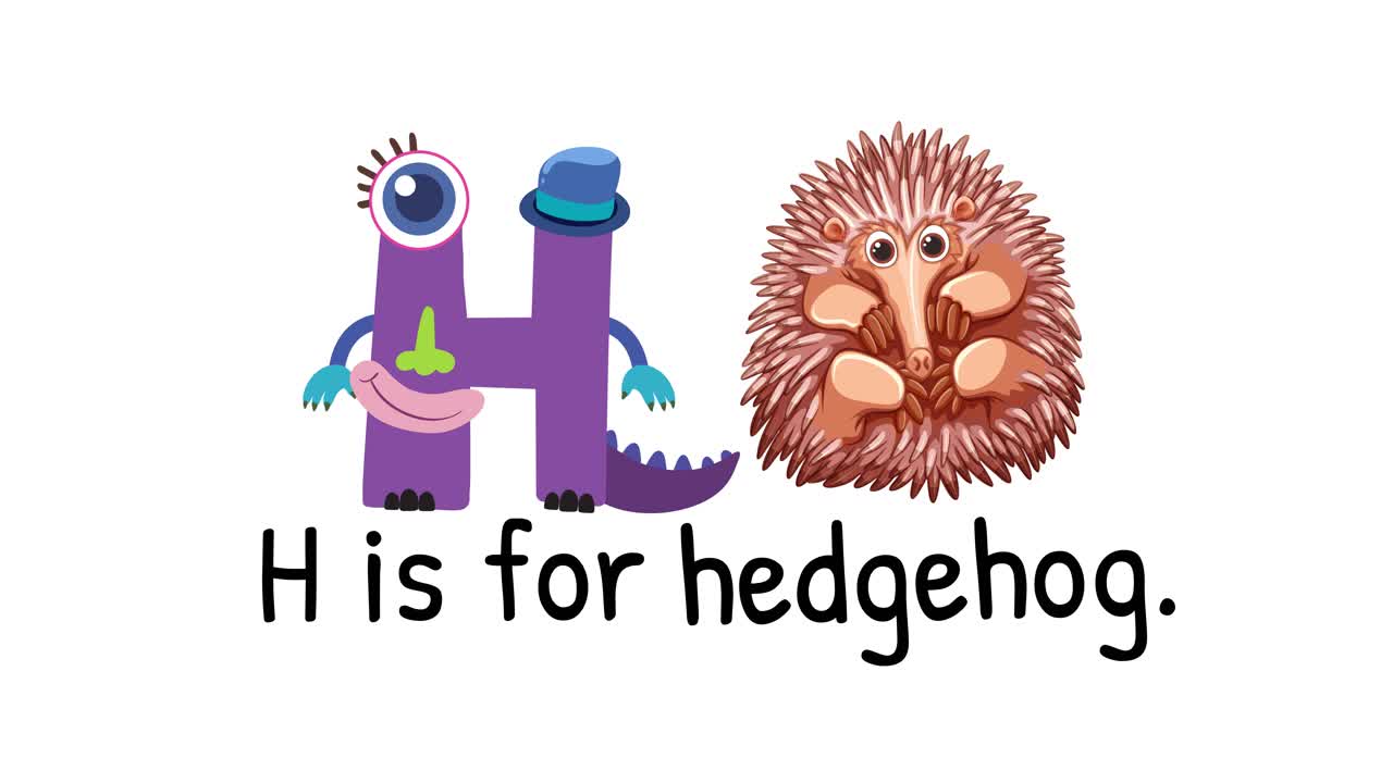 Colorful animation introducing the letter H with a playful monster and hedgehog on a white background