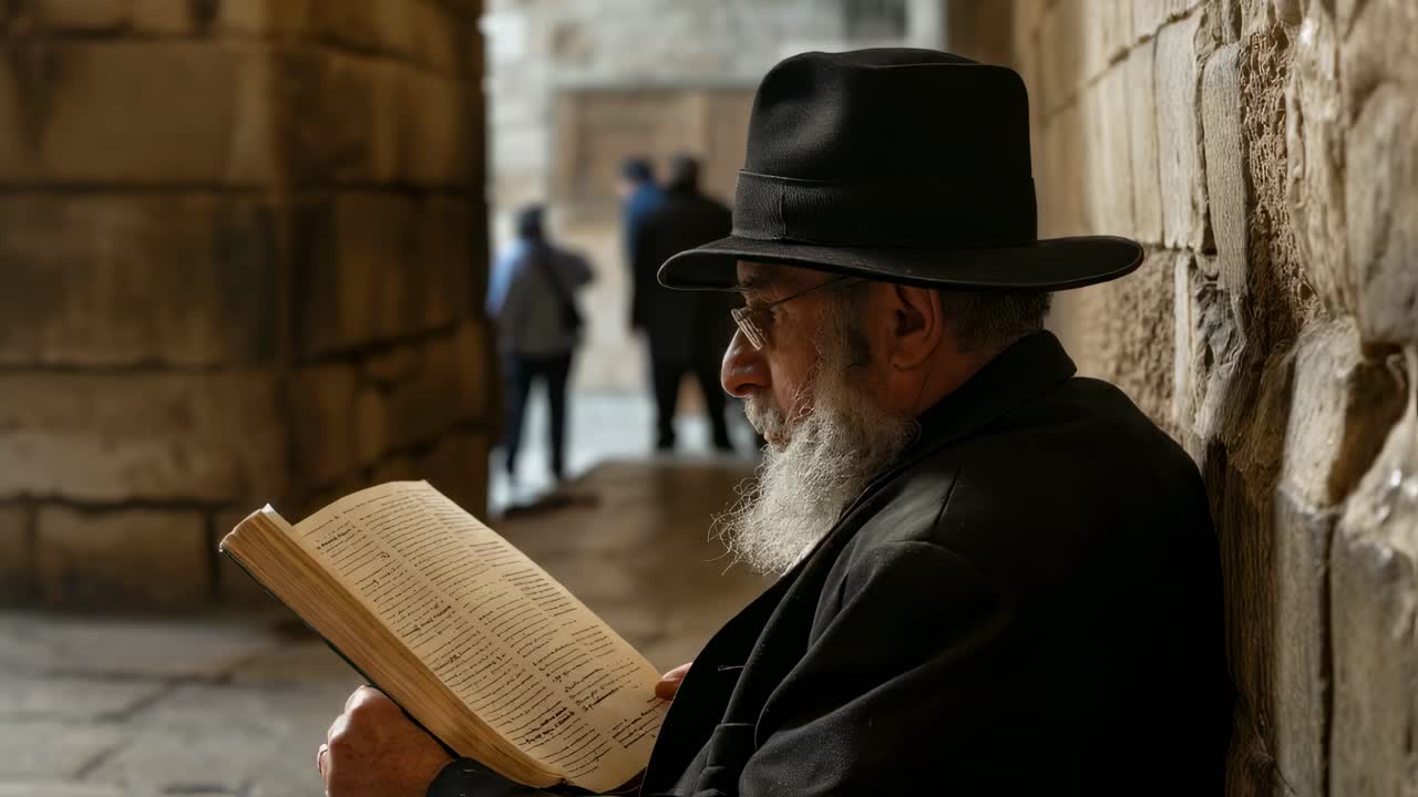 Orthodox elderly rabbi reading sacred text, wearing black hat and glasses, sitting near weathered stone wall in Jerusalem Old City historic quarter