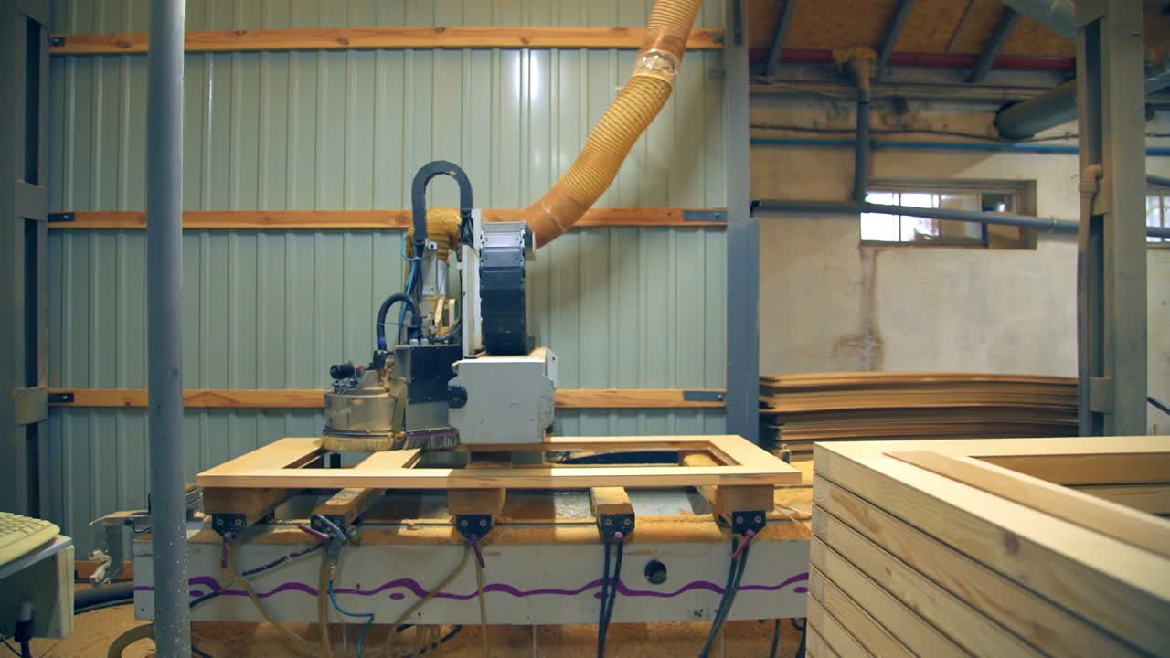 Plant for wooden doors manufacturing. Complicated equipment moving over the door to make it smooth.