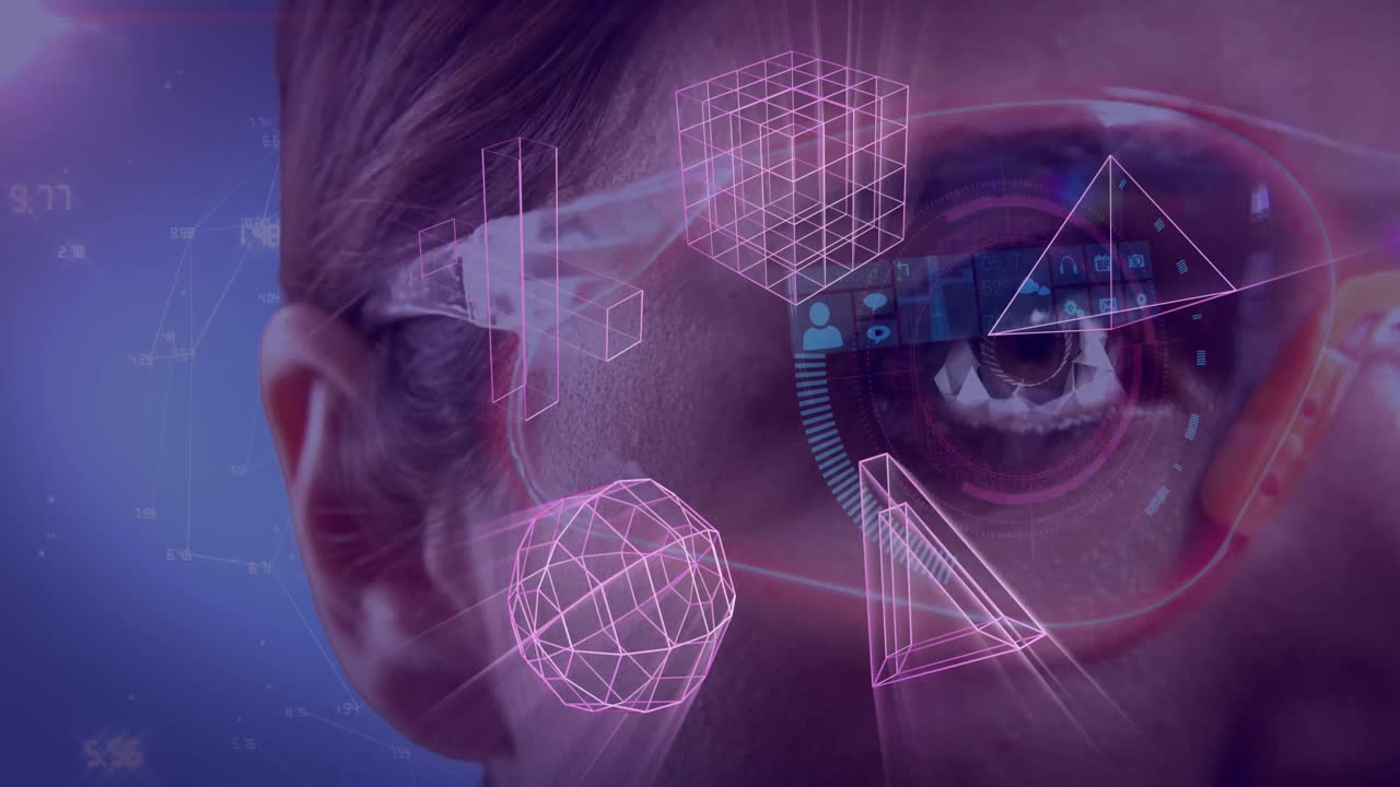 animación de formas 3d brillantes de transferencia de datos sobre mujer caucásica en auriculares vr