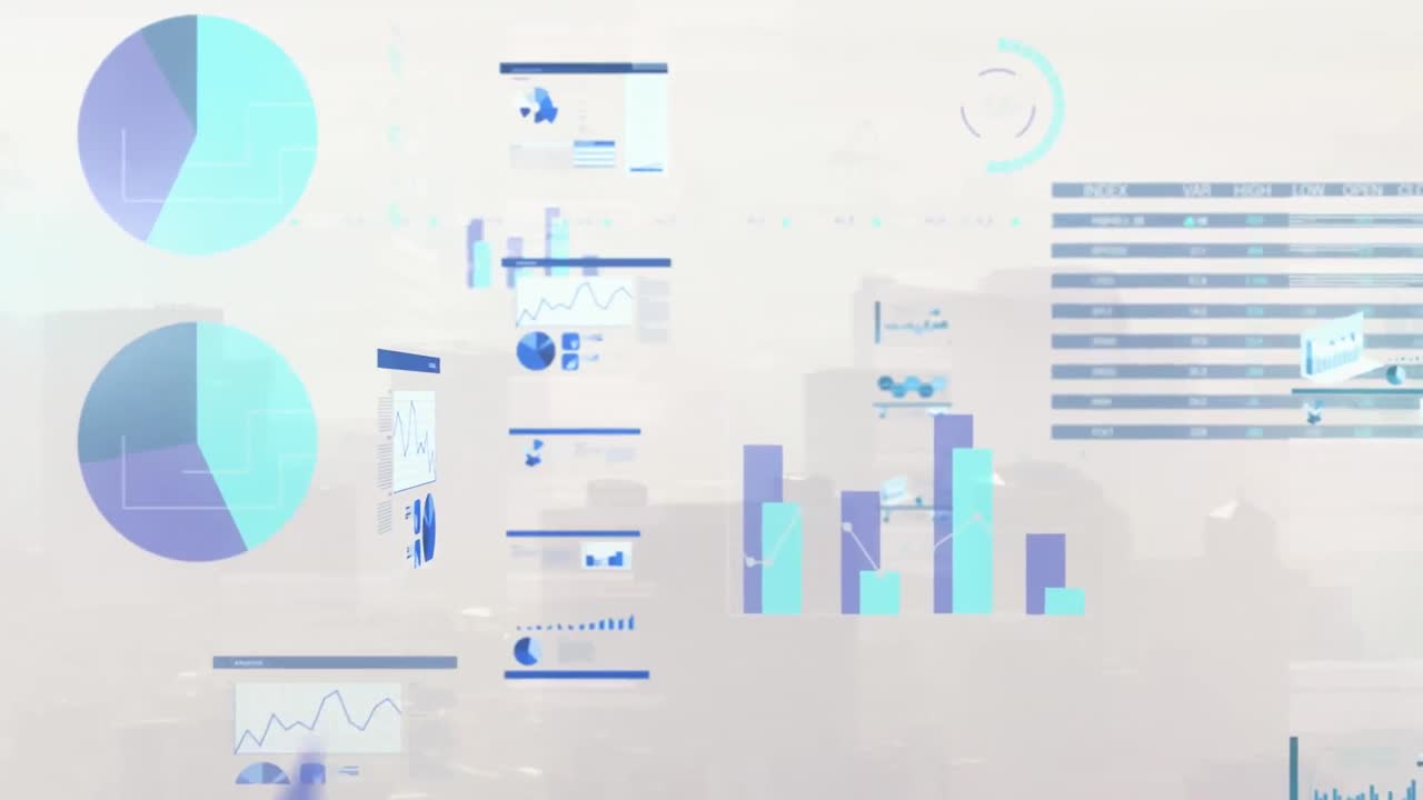 animación del procesamiento de datos financieros sobre el paisaje urbano