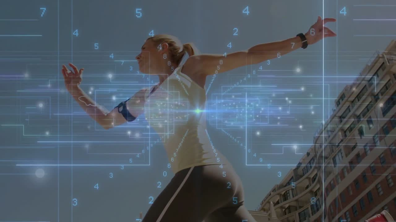 Runner launching from crouch across street, passing through blue HUD collecting fitness data