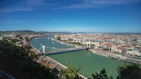 wide angle timelapse video of the elizabeth bridge crossing the danube river in budapest, hungary