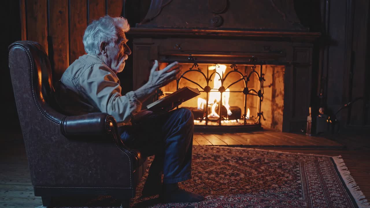 Side angle of an elderly man in an armchair by a fireplace, creating a cozy, introspective video