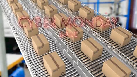 animación del texto de venta del lunes cibernético sobre cajas de cartón en cintas transportadoras