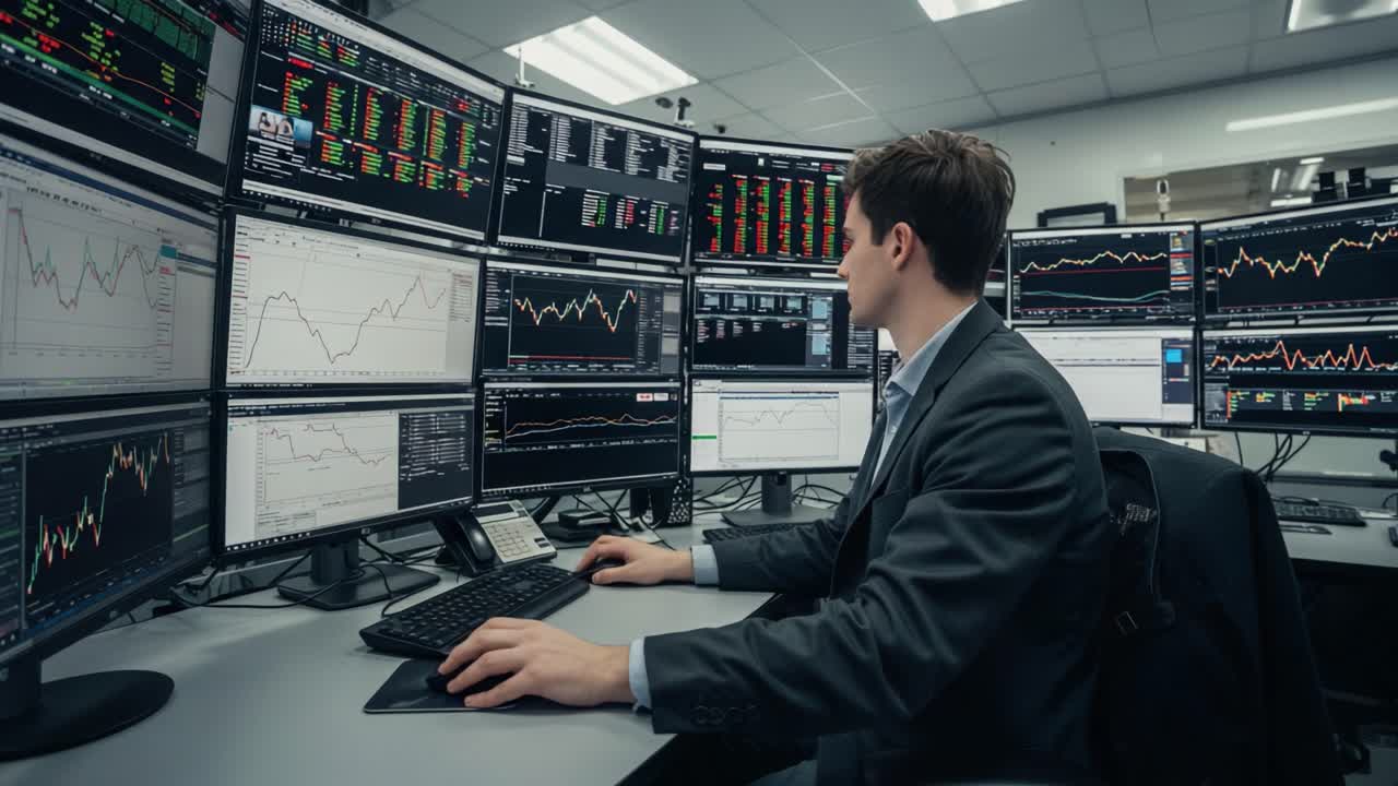 Un analista finanziario impegnato nell'analisi di mercato, circondato da più monitor che mostrano grafici, dati e quotazioni azionarie in un ambiente di trading ad alta tecnologia.
