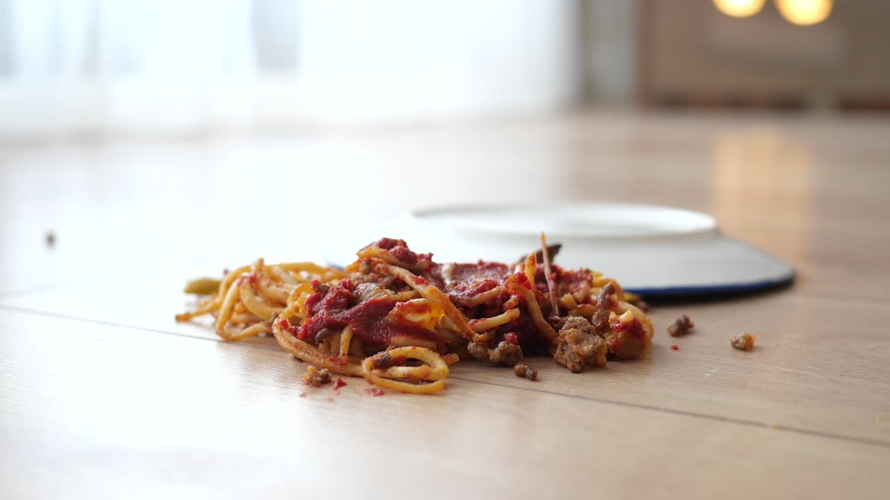 espagueti y salsa de carne derramados en el suelo
