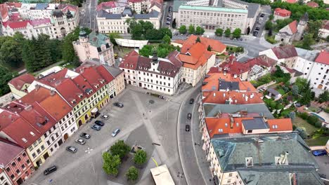 drone flyover old square of hradec kralove in czech republic, europe