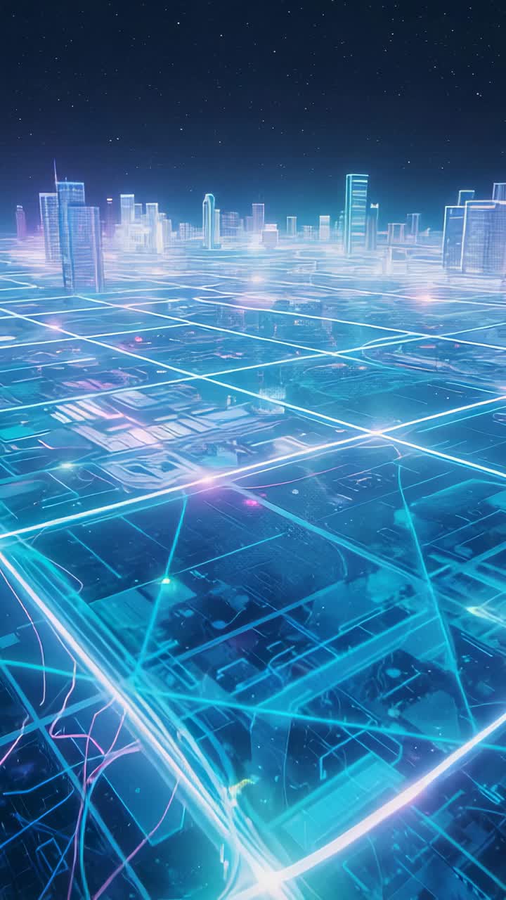 Vertical video: Pulling up camera from neon grid plane at night, revealing light pulses and skyline