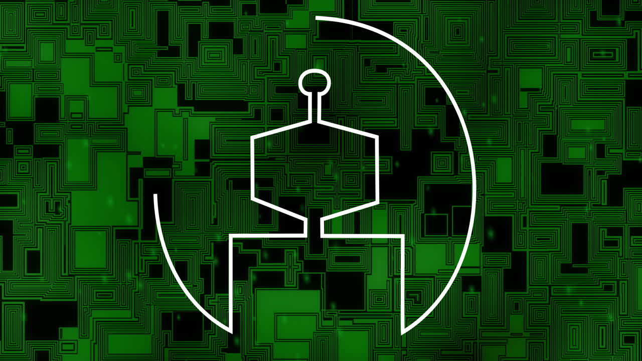 Animation of robot in circle icon with ai text over green shapes moving