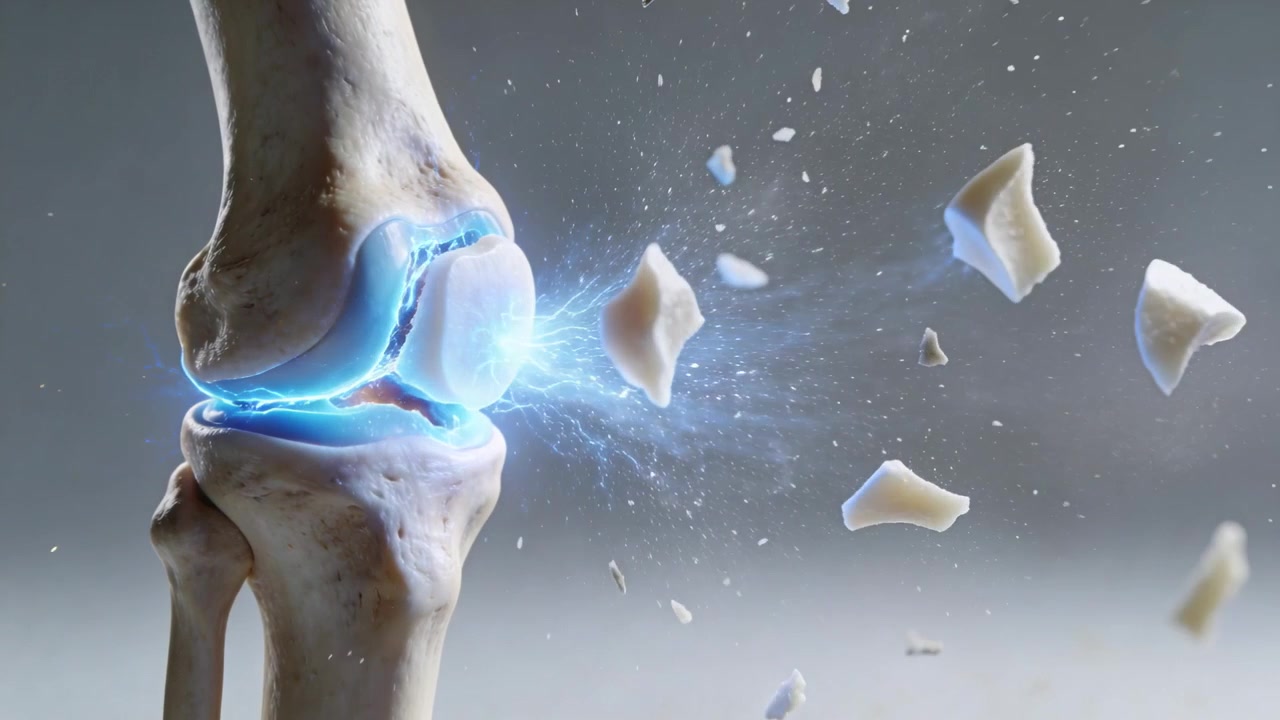 Emettendo impulsi blu, l'articolazione del ginocchio sinistro (femore, tibia, rotula) frammenta schegge di cartilagine verso destra.