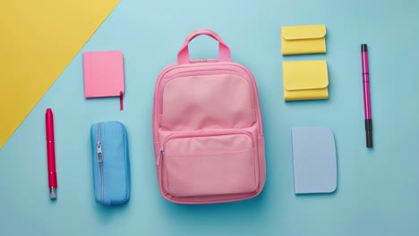 pink school backpack and supplies on colorful background