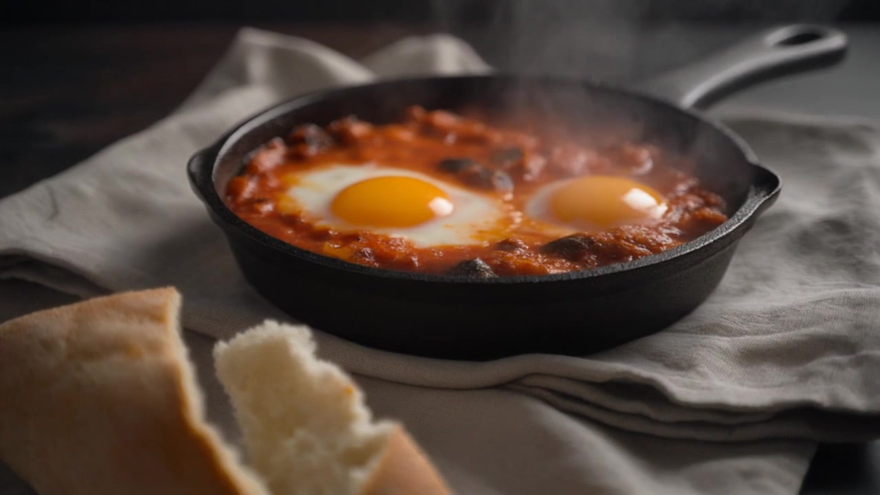 Shakshuka Fumegante com Ovos Fritos em uma Frigideira de Ferro Fundido