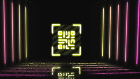 animation of qr code and neon lines on black background