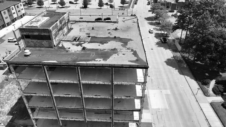 Black and white color grade of the skeleton like building