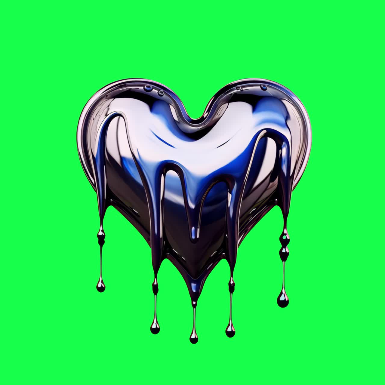 Metallic heart with dripping paint animation, transparent 4K video, green screen