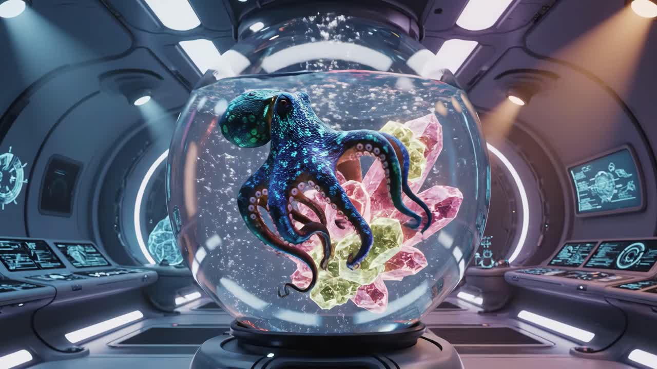 Octopus in a Futuristic Spaceship Aquarium with Crystals