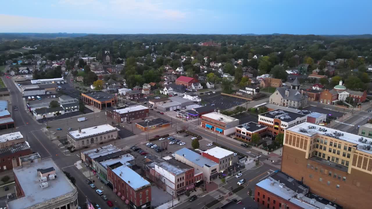 Aerial View of a Small American Town at Dusk