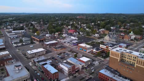 aerial view of a small american town at dusk
