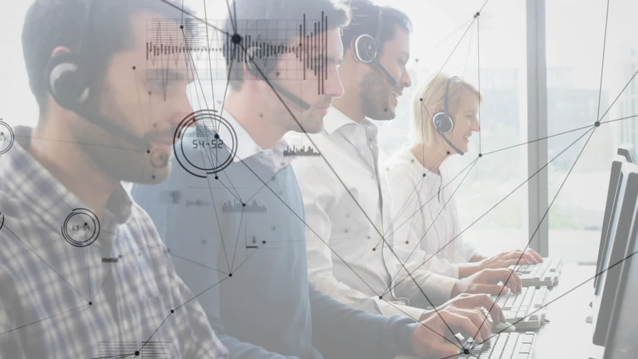 Cam panning, four headset agents typing and speaking, network HUD animating over agents for support