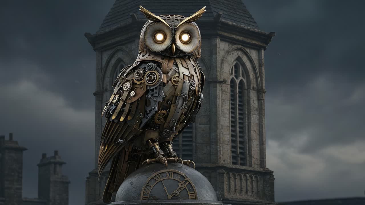 A mesmerizing steampunk owl perched on a clock tower, symbolizing wisdom and innovation amidst a dramatic sky, showcasing intricate mechanical features and glowing eyes